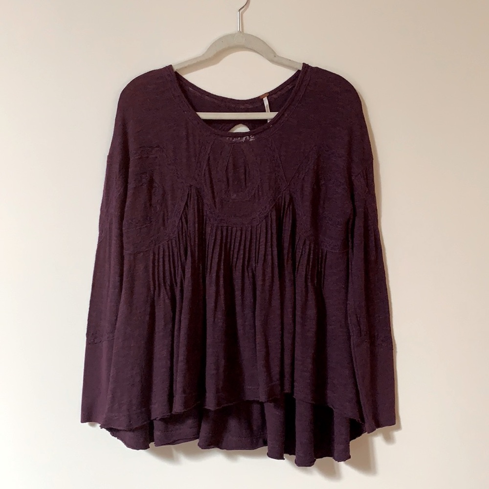 Free People Size XS US Stretch Cotton Jersey and Lace Top in Color Eggplant